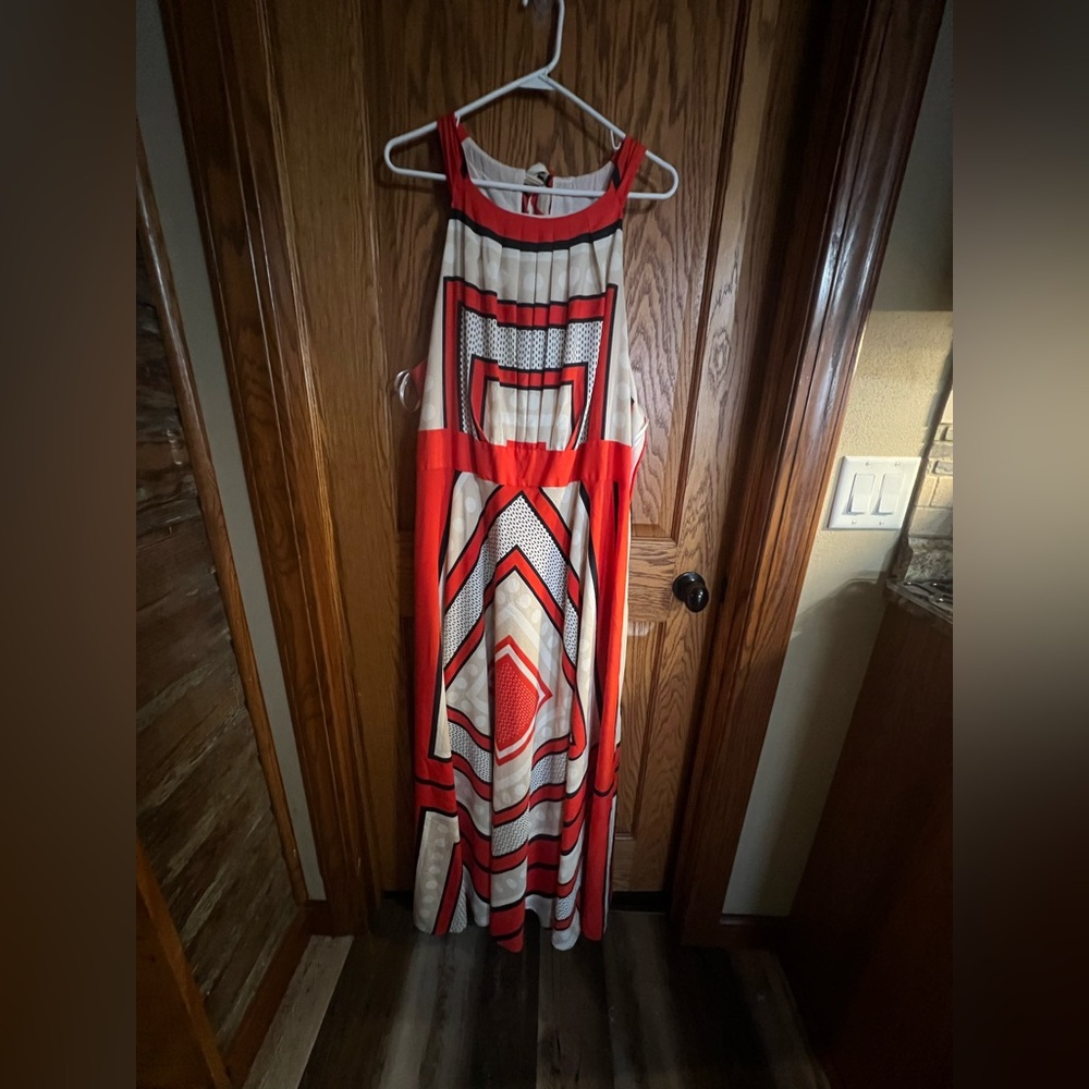 Geometric Orange and White Maxi Plus Size Dress